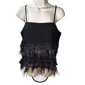Black Feathered Camisole Top Small Sexy Classic Whimsy Goth Fancy‎ Y2K Punk Luxe